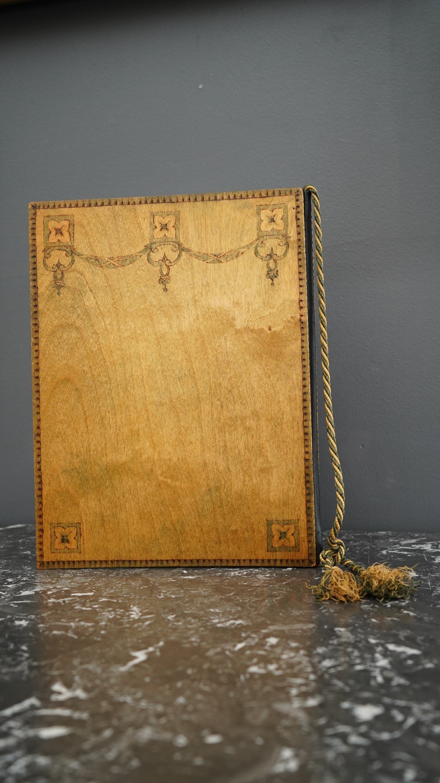 Antique Handcrafted Pokerwork Terrier Writing Blotter, Signed F.H.O., c. 1910–1930