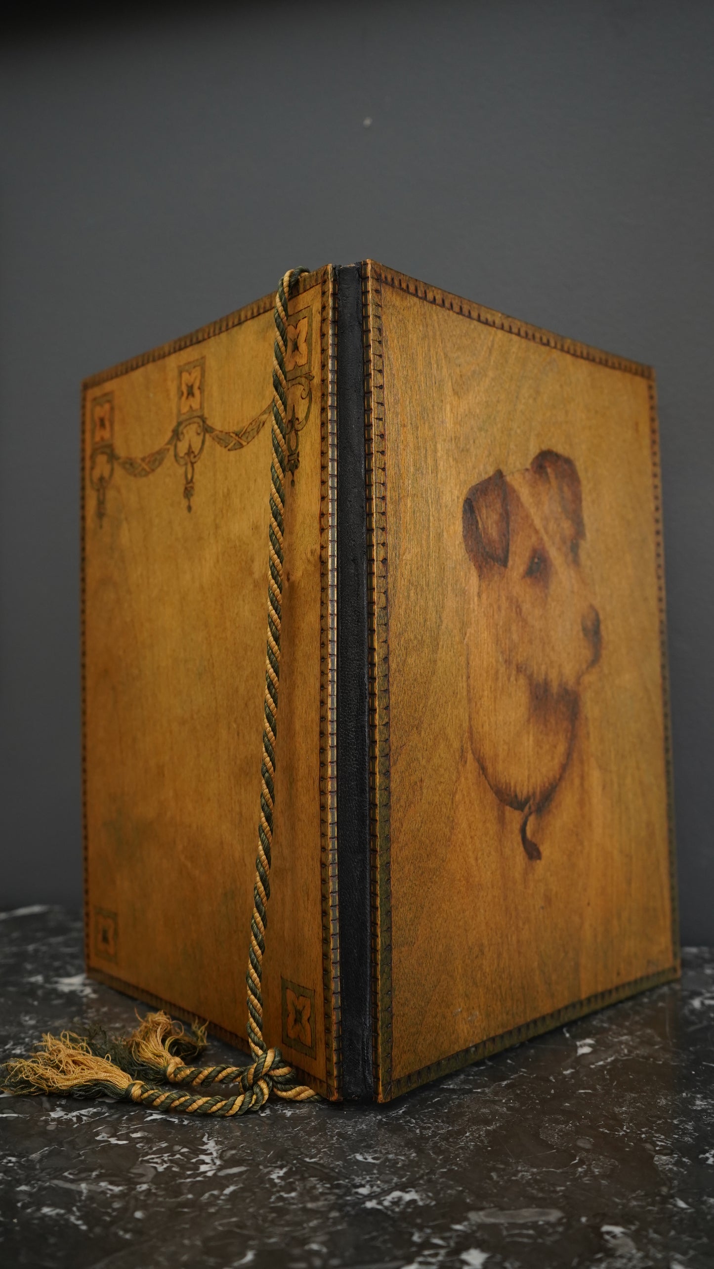 Antique Handcrafted Pokerwork Terrier Writing Blotter, Signed F.H.O., c. 1910–1930