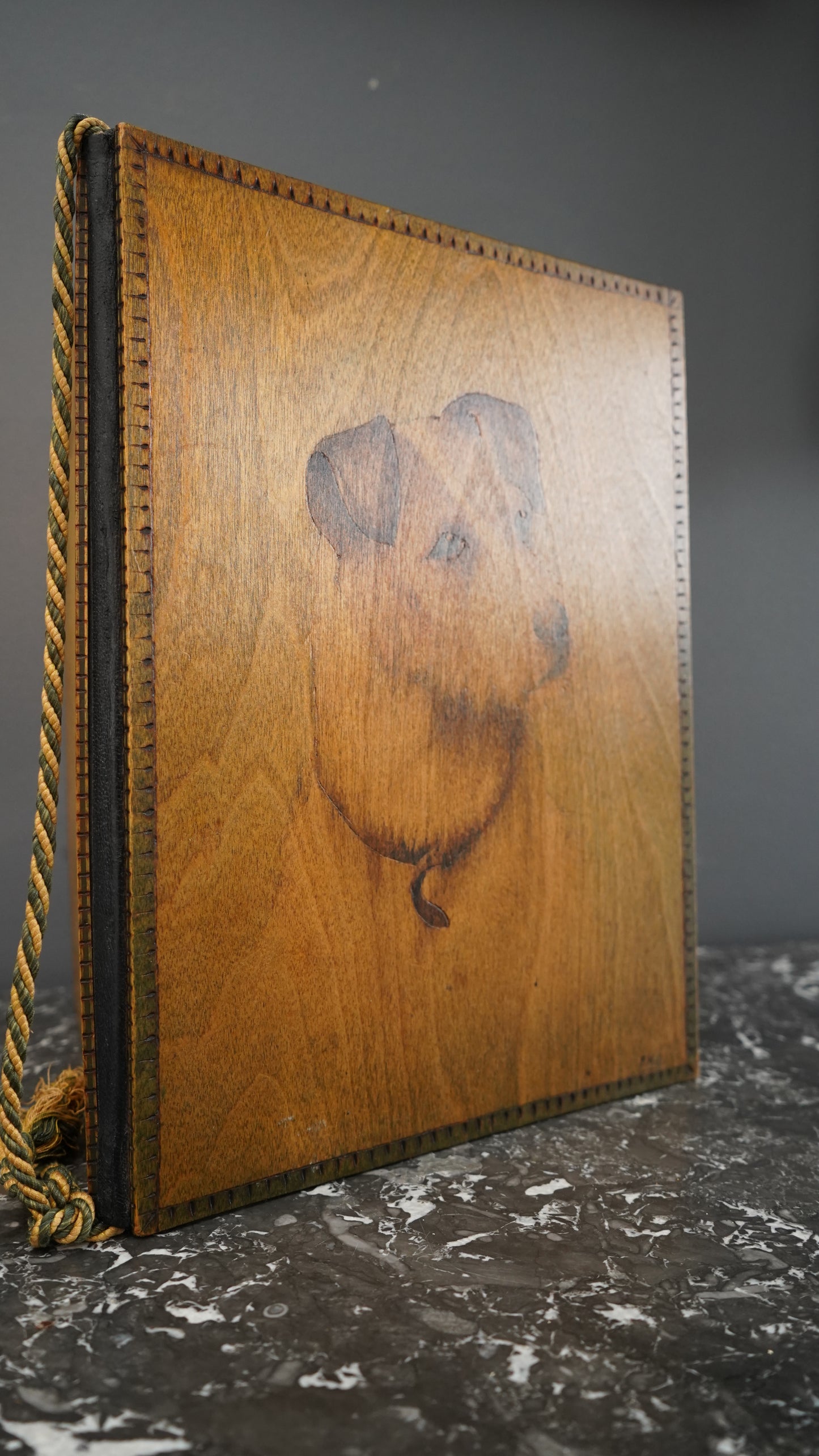 Antique Handcrafted Pokerwork Terrier Writing Blotter, Signed F.H.O., c. 1910–1930
