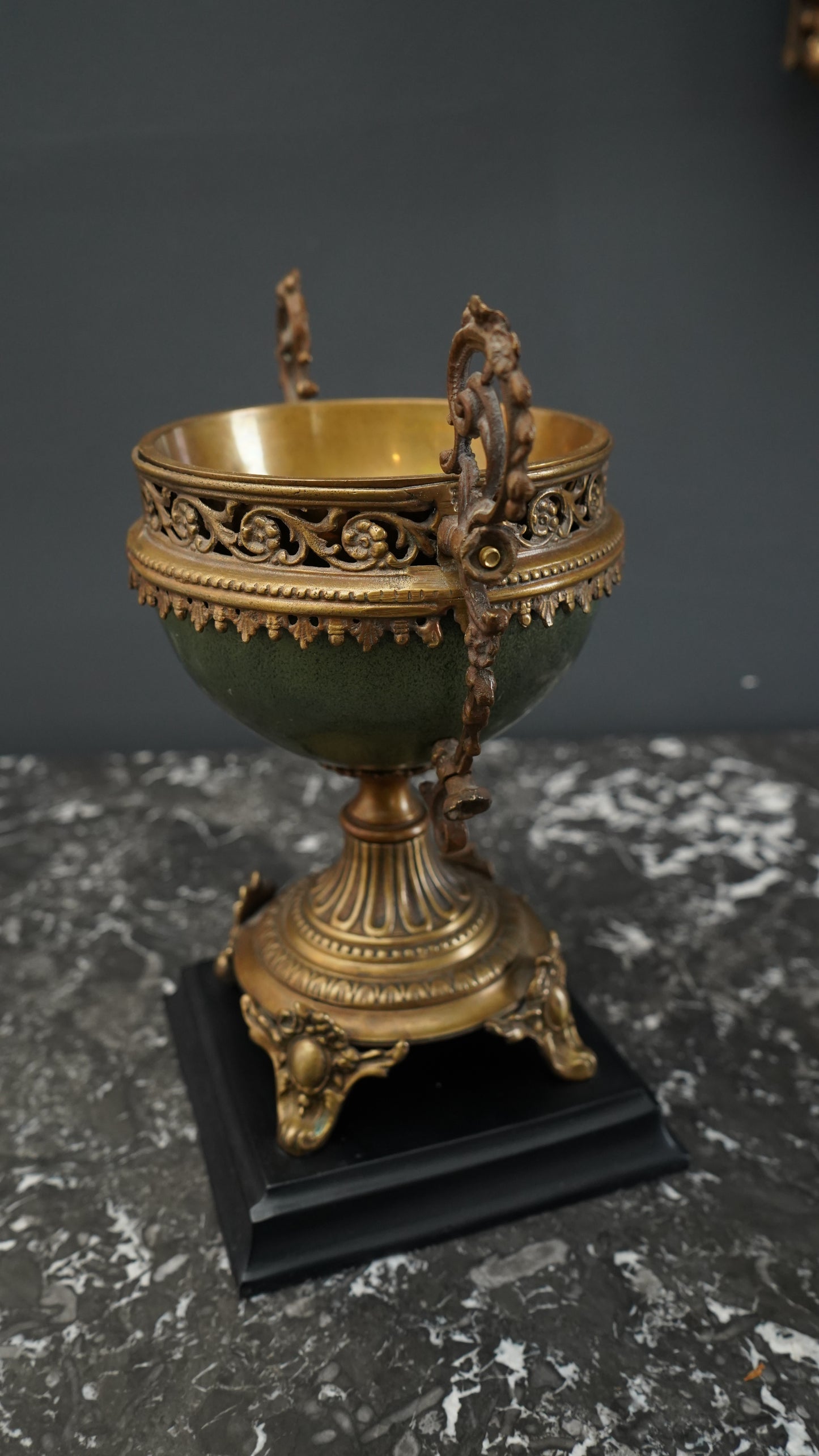 Vintage Neoclassical Decorative Urn with Faux Malachite Bowl and Gilt Metal Mounts