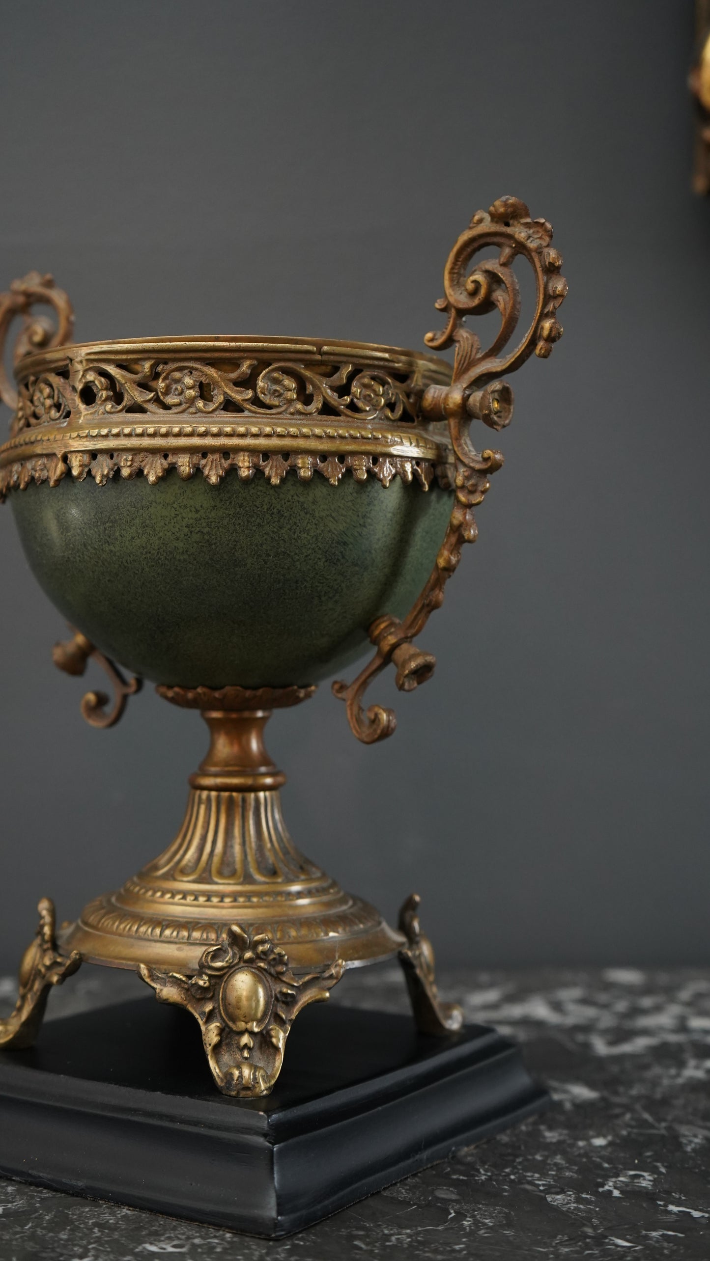 Vintage Neoclassical Decorative Urn with Faux Malachite Bowl and Gilt Metal Mounts