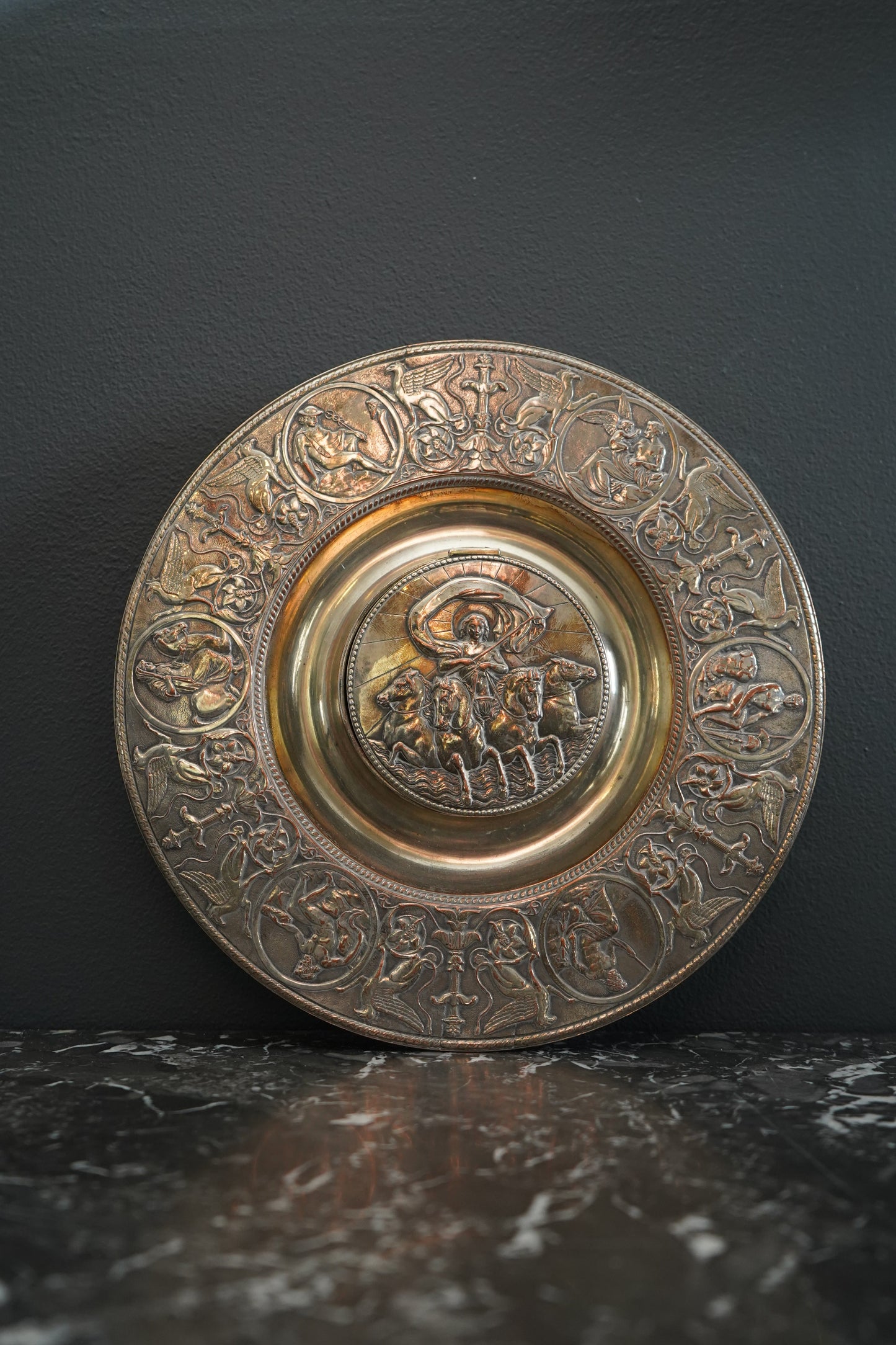 Victorian Silver-Plated Inkwell Depicting Boudica in Chariot – Neoclassical Revival Desk Accessory