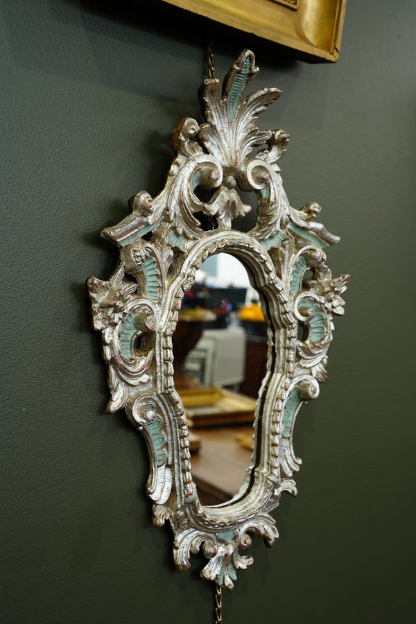 Antique Silver Gilt Wall Mirror, Italian Rococo, Teal Accents secondary view