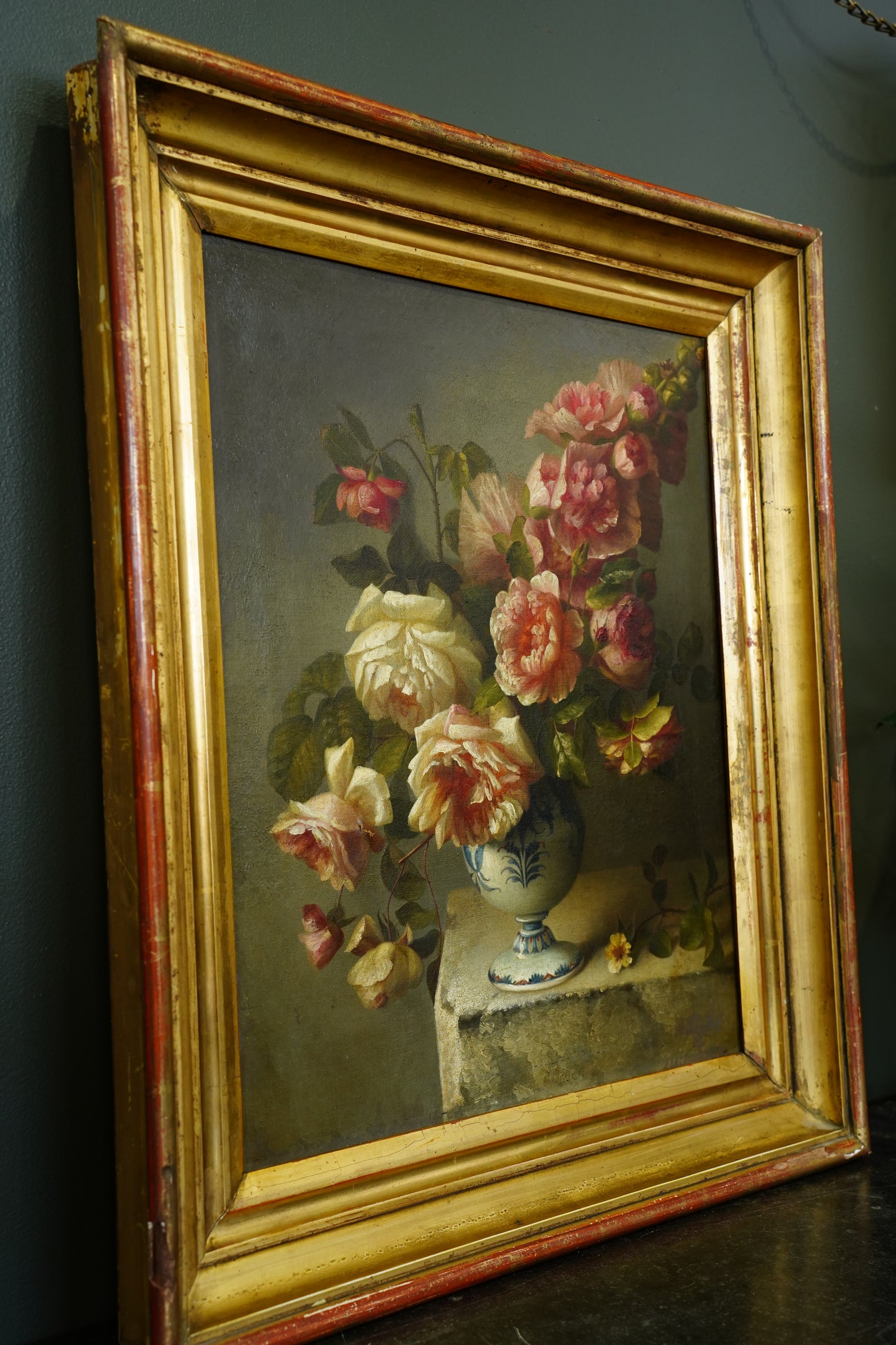 Antique Oil Painting Roses in Blue and White Vase