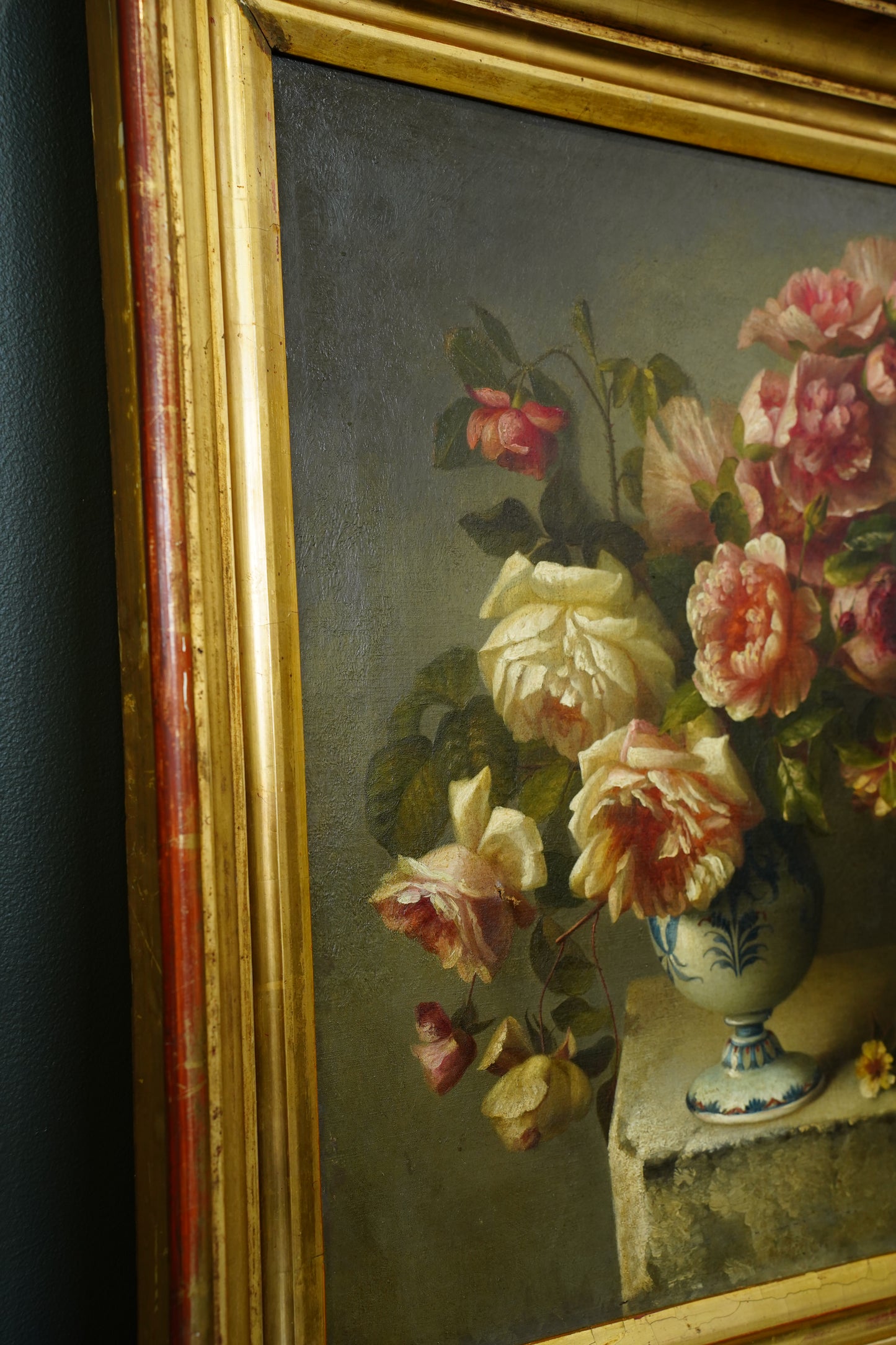 Antique Oil Painting Roses in Blue and White Vase