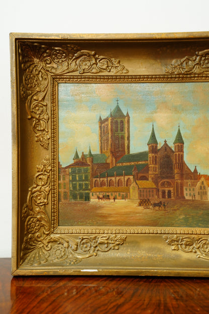 Antique Oil Painting, Maastricht Cathedral Town Scene, Circa 1910