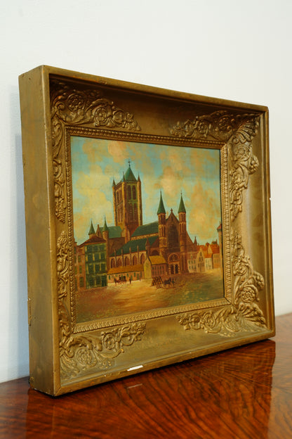 Antique Oil Painting, Maastricht Cathedral Town Scene, Circa 1910