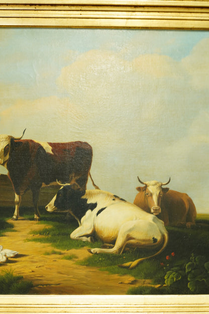 Antique Signed Dutch Oil Painting of Cows and Sheep in Meadow