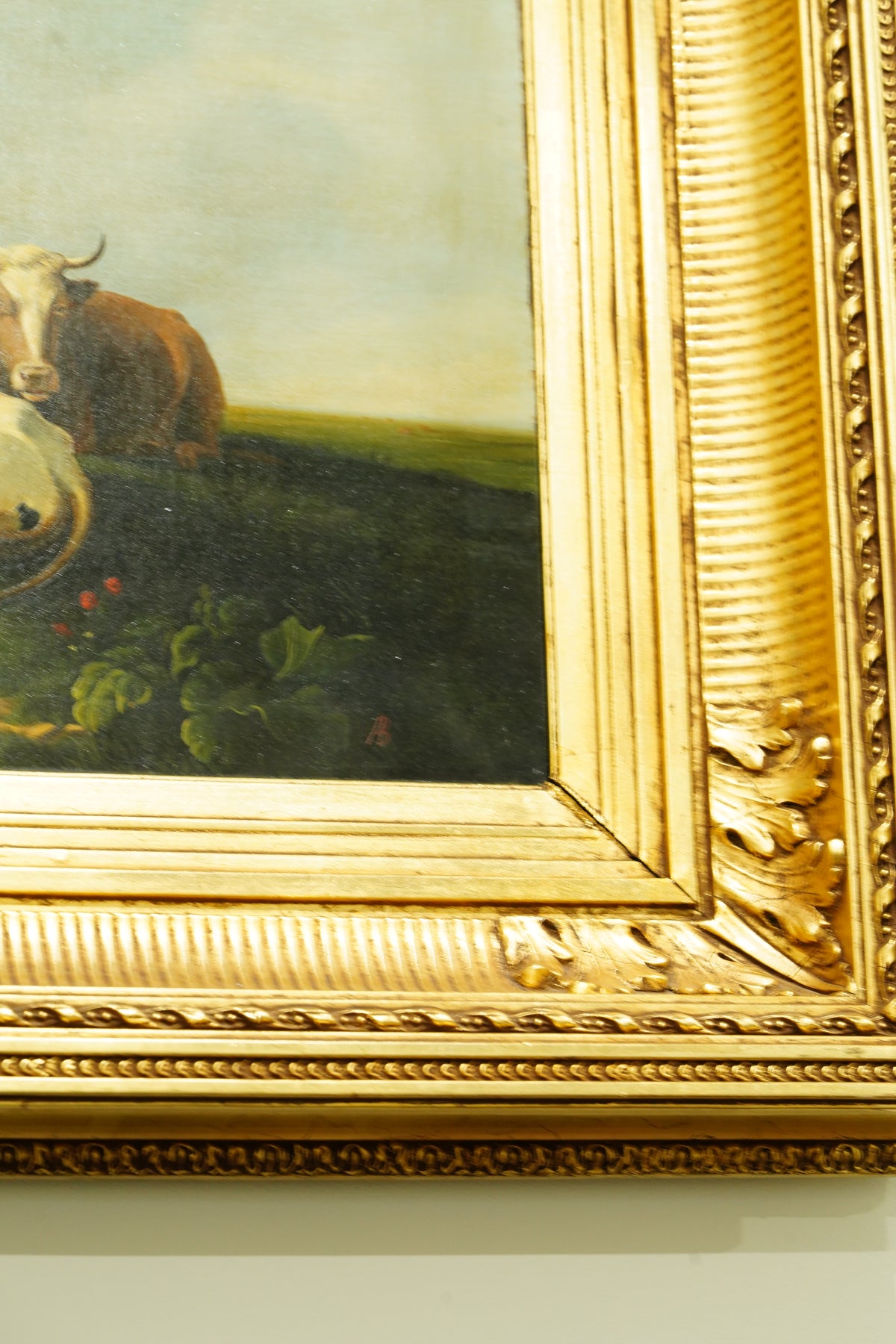 Antique Signed Dutch Oil Painting of Cows and Sheep in Meadow