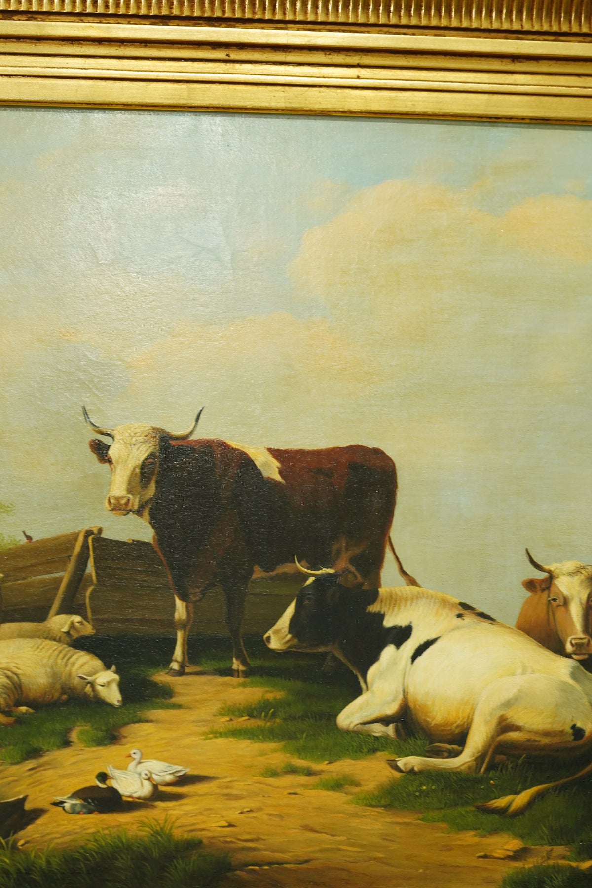 Antique Signed Dutch Oil Painting of Cows and Sheep in Meadow