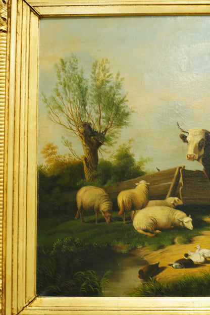 Antique Signed Dutch Oil Painting of Cows and Sheep in Meadow