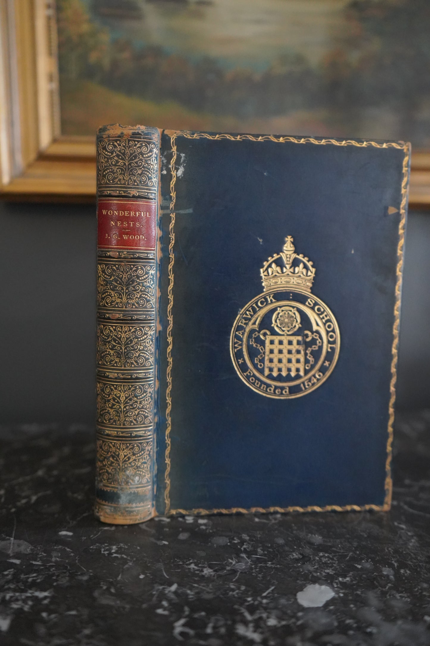 1892 Nature "Wonderful Nests" Blue Full Leather Prize Binding Book, Antique Bird Book