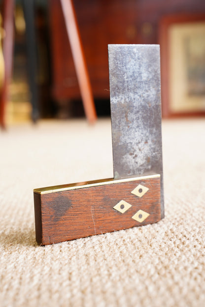 Antique Wood and Brass Try Square with Diamond Inlays