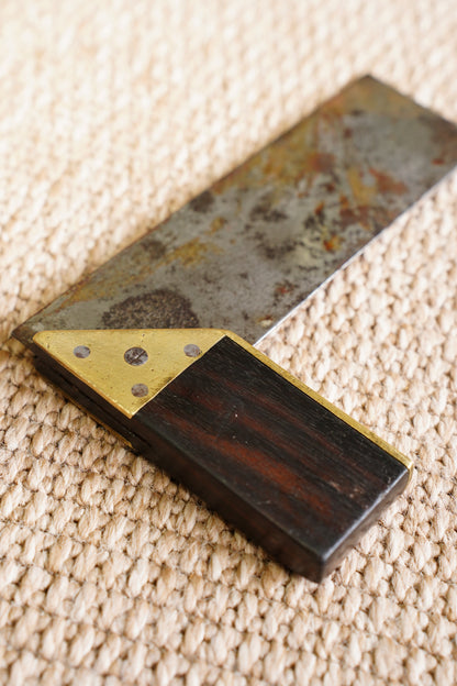Antique Ebonised Wood and Brass Try Square, Steel Blade