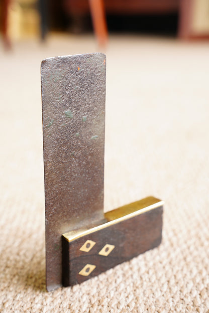 Antique Wood and Brass Try Square, 4 Inch Faced Stock