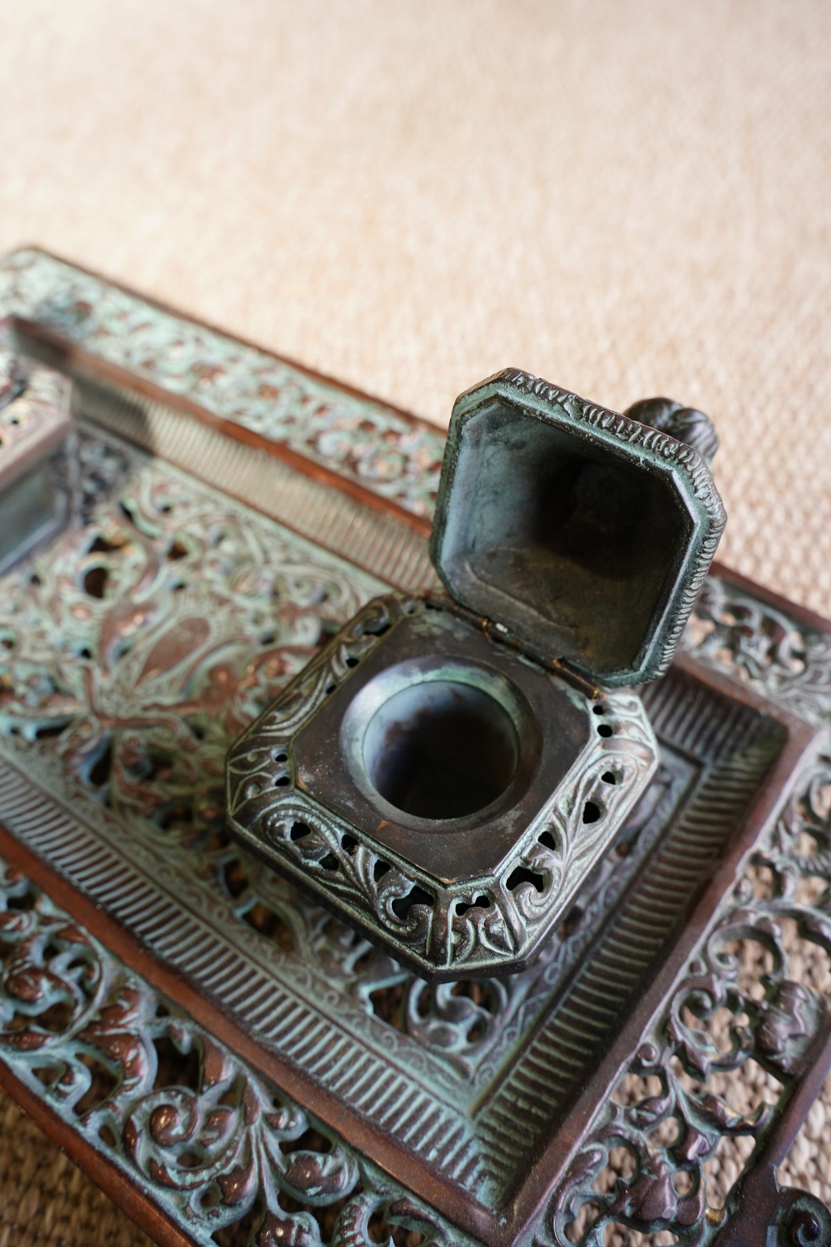 Ornate Cast Bronze Double Inkwell