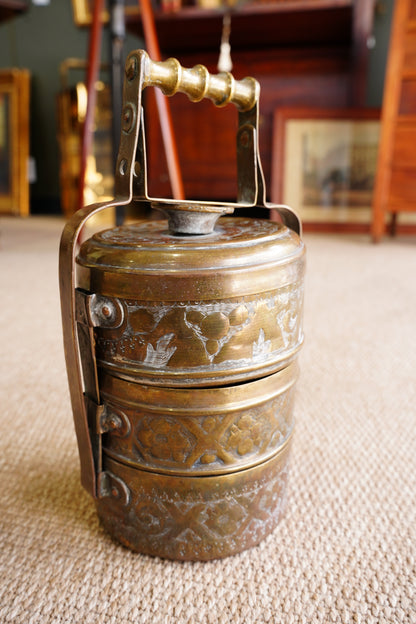 Vintage Brass Tiffin Carrier | Hand-Engraved 3-Tier Food Container with Handle