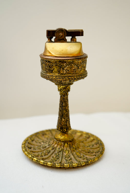 Vintage Gilt Filigree Pedestal Table Lighter Stand, Rococo Revival Tobacciana