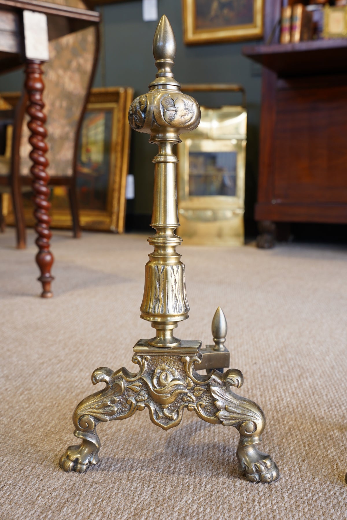 Pair of Late Victorian-Era Brass & Iron Andirons, Rococo Revival Style