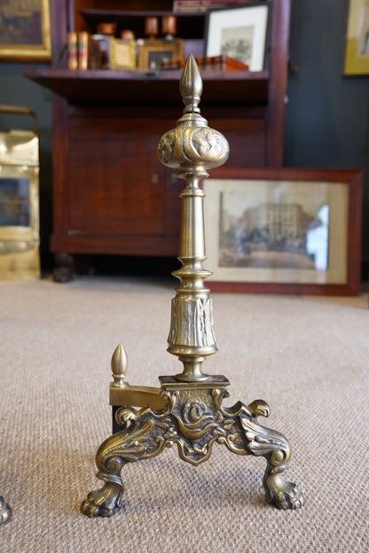 Pair of Late Victorian-Era Brass & Iron Andirons, Rococo Revival Style