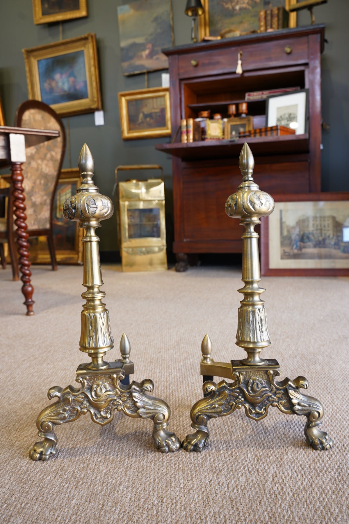 Pair of Late Victorian-Era Brass & Iron Andirons, Rococo Revival Style