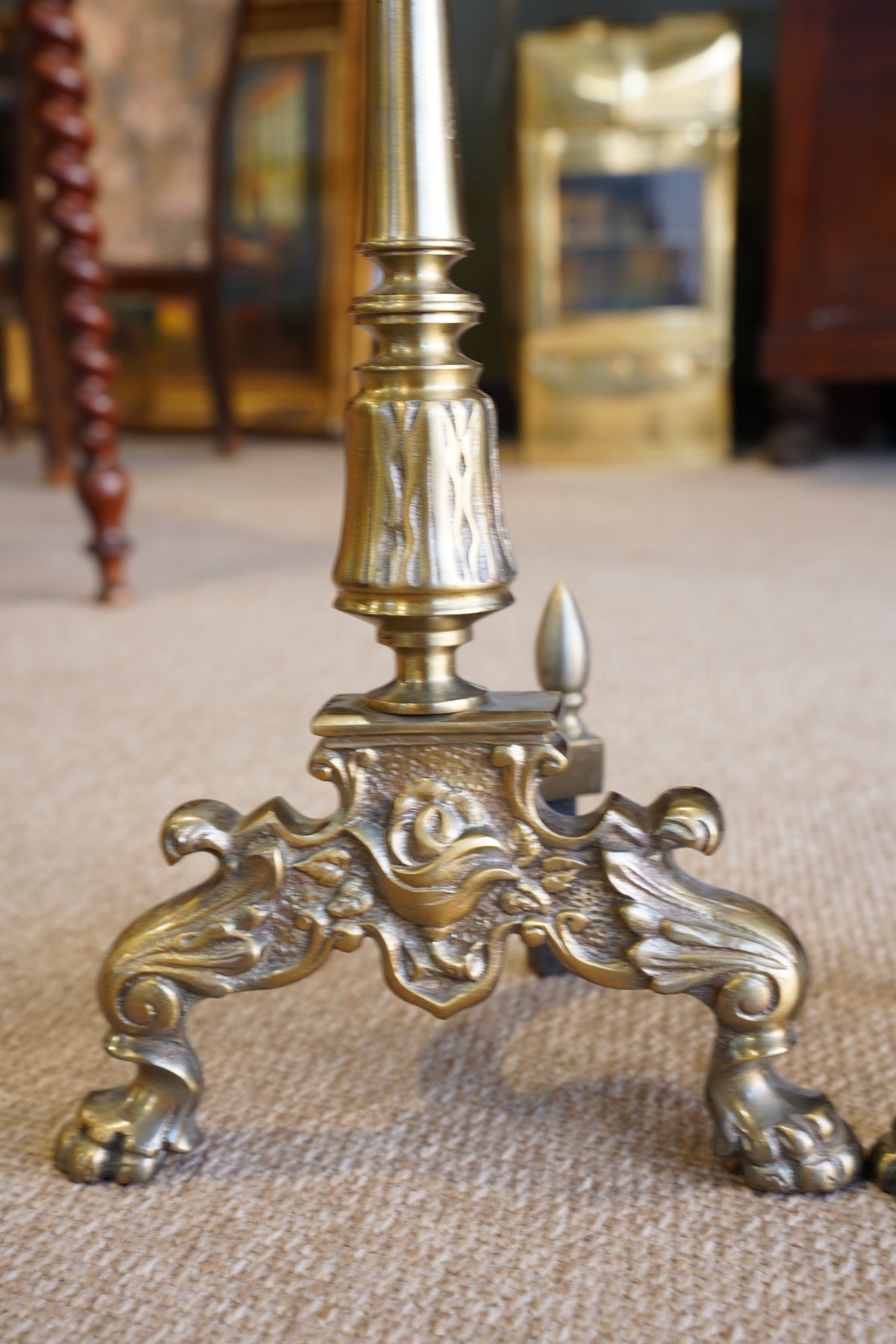 Pair of Late Victorian-Era Brass & Iron Andirons, Rococo Revival Style