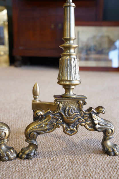 Pair of Late Victorian-Era Brass & Iron Andirons, Rococo Revival Style