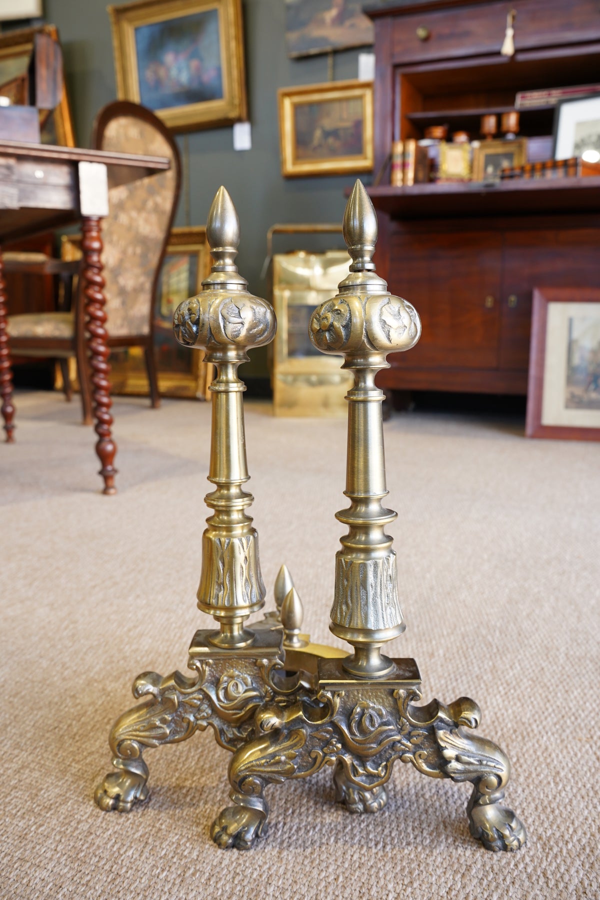 Pair of Late Victorian-Era Brass & Iron Andirons, Rococo Revival Style