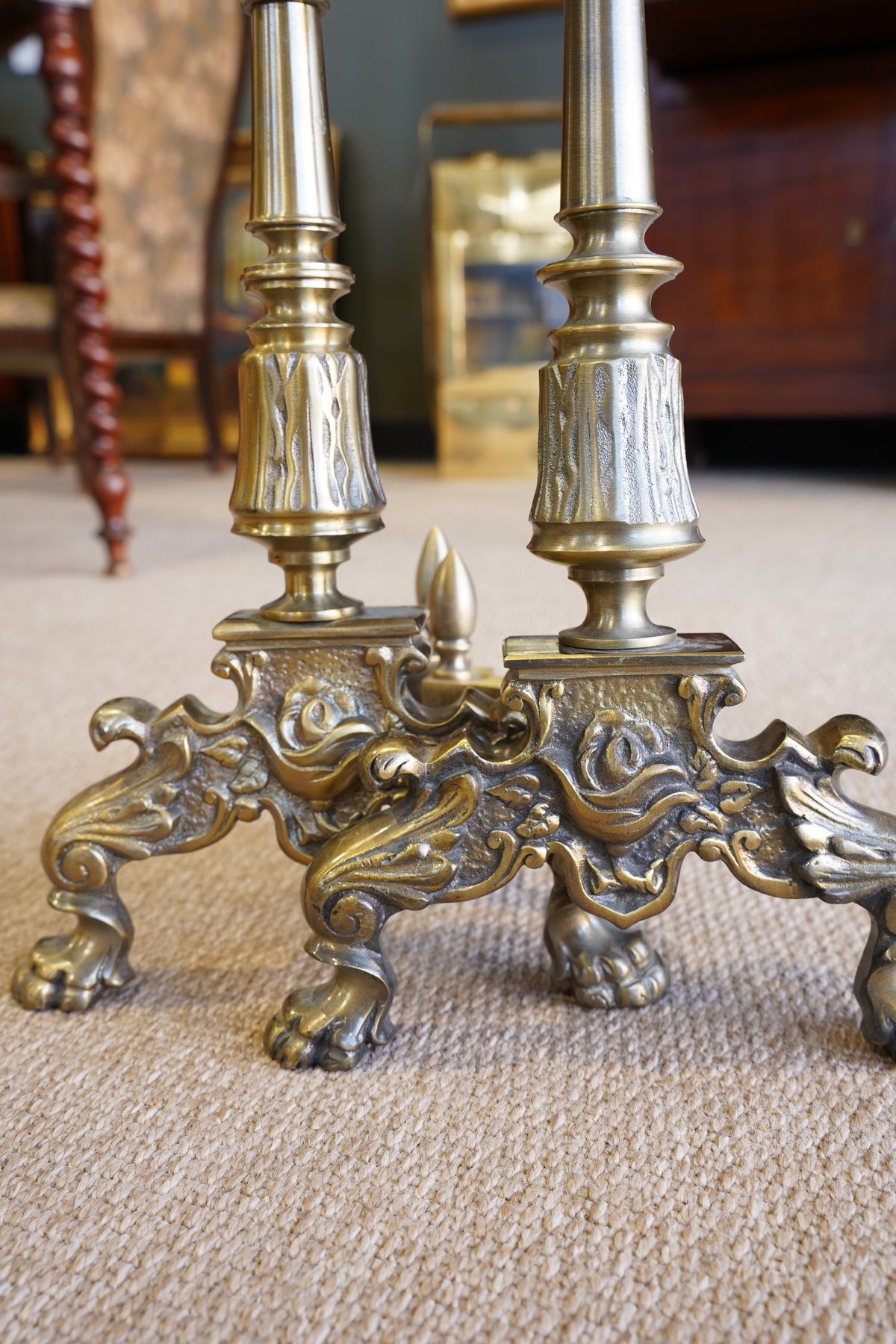 Pair of Late Victorian-Era Brass & Iron Andirons, Rococo Revival Style