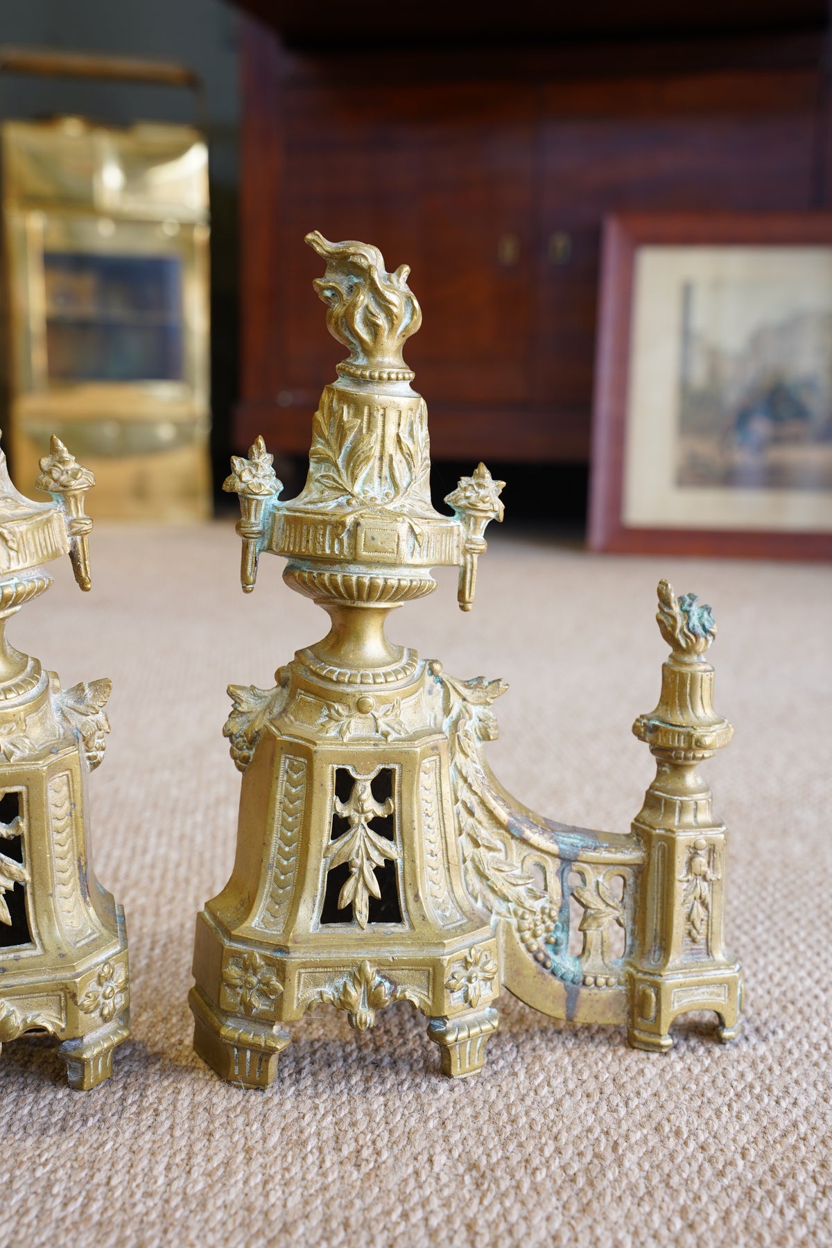 Antique Neoclassical Louis XVI-Style Brass Andirons with Urn and Flame Finials, Pair of Antique Brass Fireplace Fire Dogs