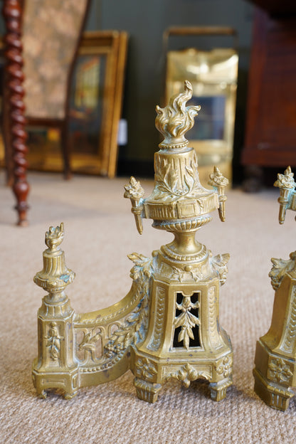 Antique Neoclassical Louis XVI-Style Brass Andirons with Urn and Flame Finials, Pair of Antique Brass Fireplace Fire Dogs
