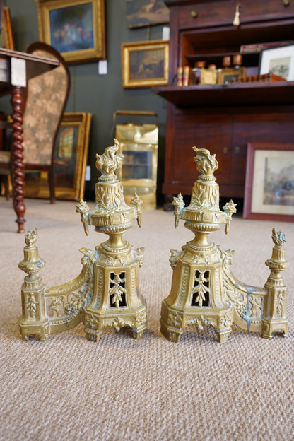Antique Neoclassical Louis XVI-Style Brass Andirons with Urn and Flame Finials, Pair of Antique Brass Fireplace Fire Dogs