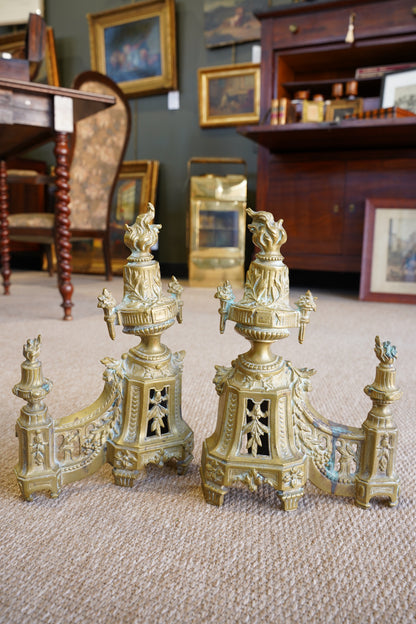 Antique Neoclassical Louis XVI-Style Brass Andirons with Urn and Flame Finials, Pair of Antique Brass Fireplace Fire Dogs
