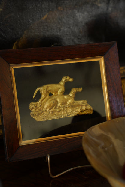 Antique Gilt Hunting Dog Relief, Rosewood Shadowbox Frame, 19th Century