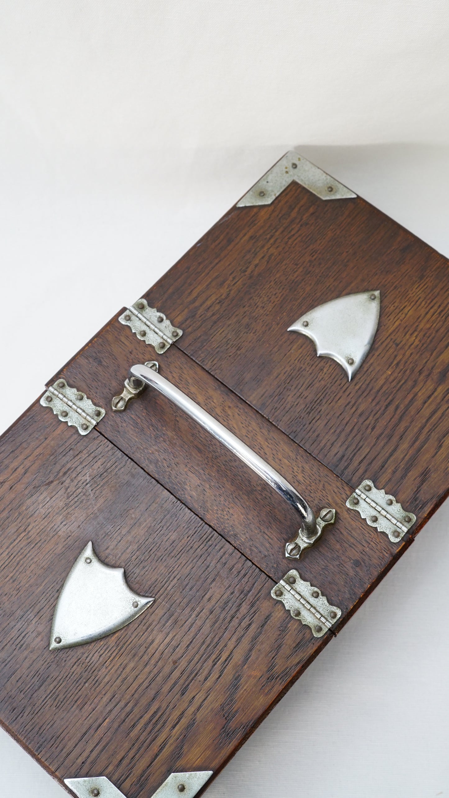 Antique Edwardian Oak & Silver-Plated Two-Compartment Stationery Box with Handle