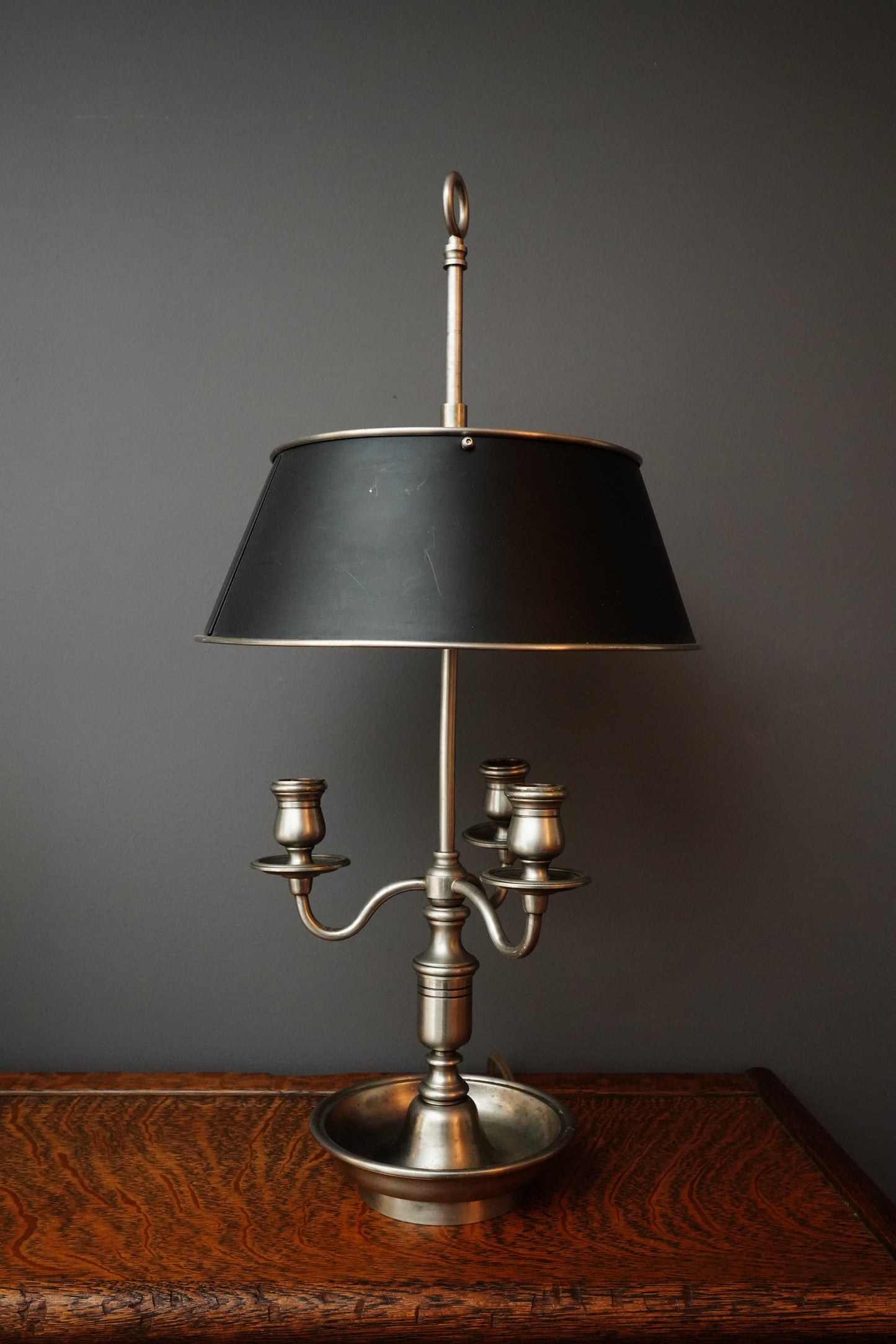 French Bouillotte Style Pewter-Toned Table Lamp with Adjustable Black Tole Shade