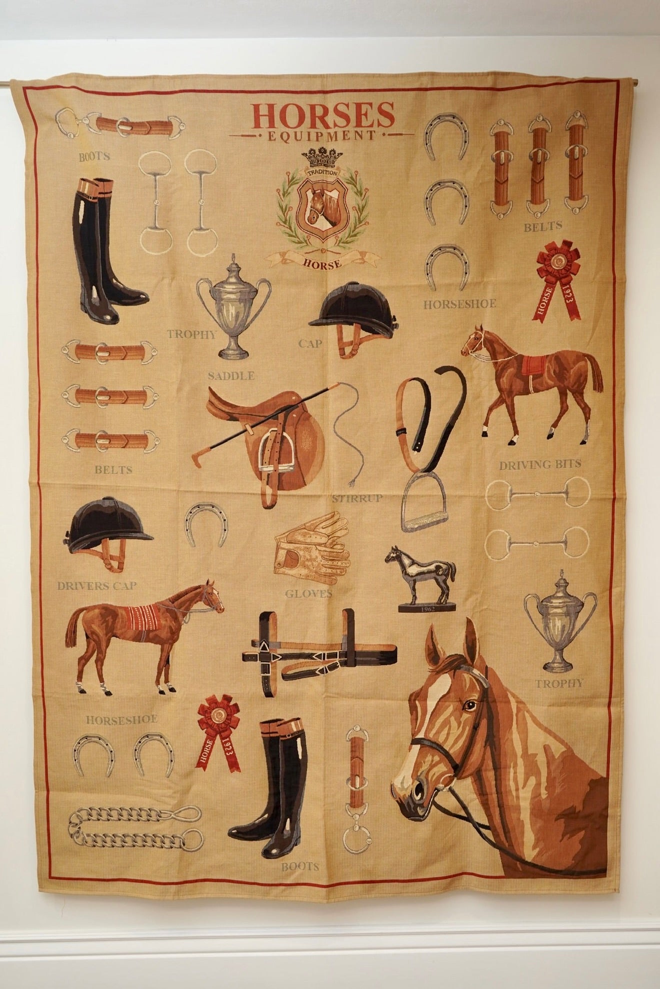 Large Equestrian Wall Tapestry – Horses Equipment Jacquard, European Made NEW