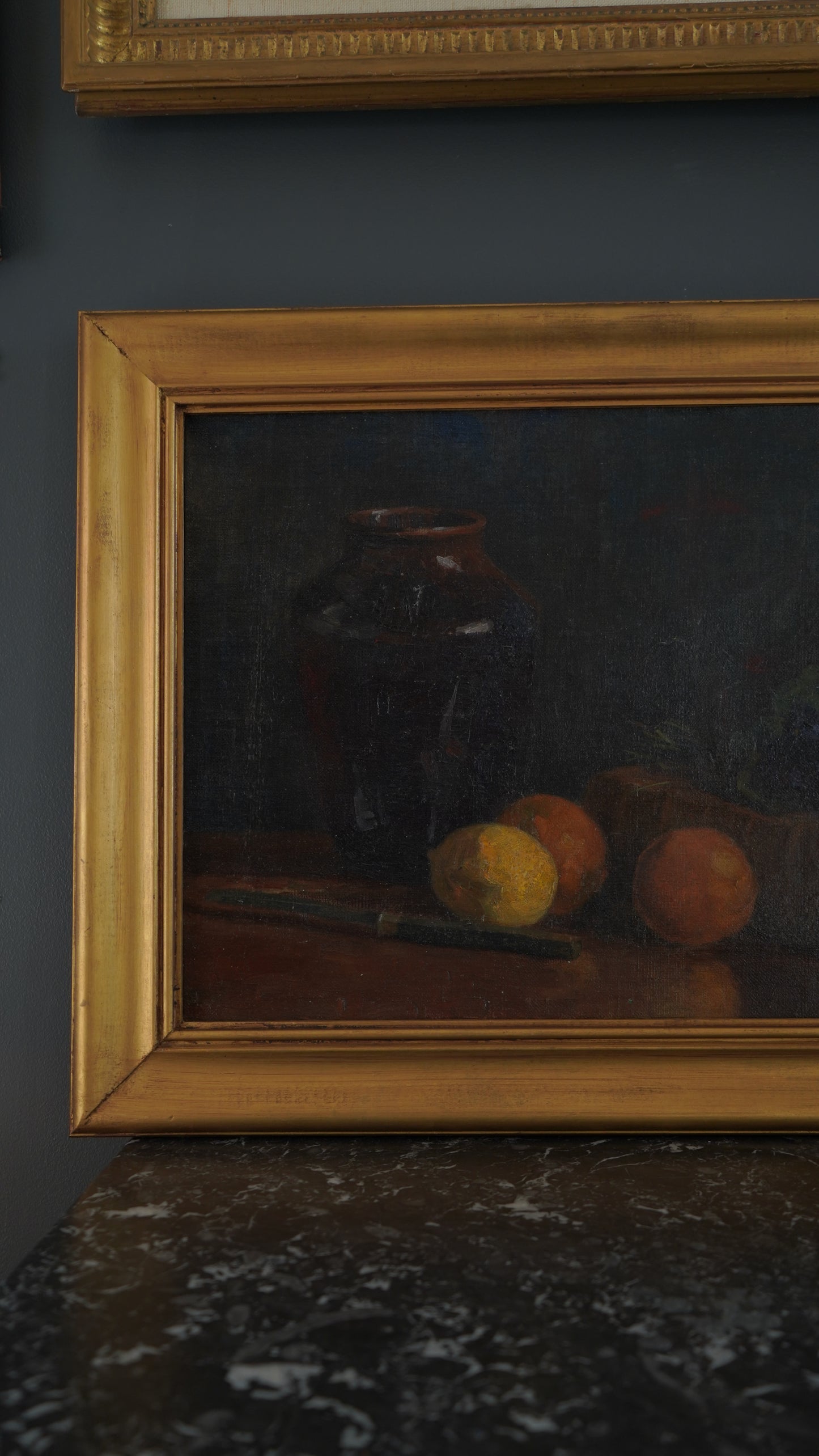 Antique 1905 Oil Painting Still Life with Fruit, Book & Earthenware Jar | Signed K.E.
