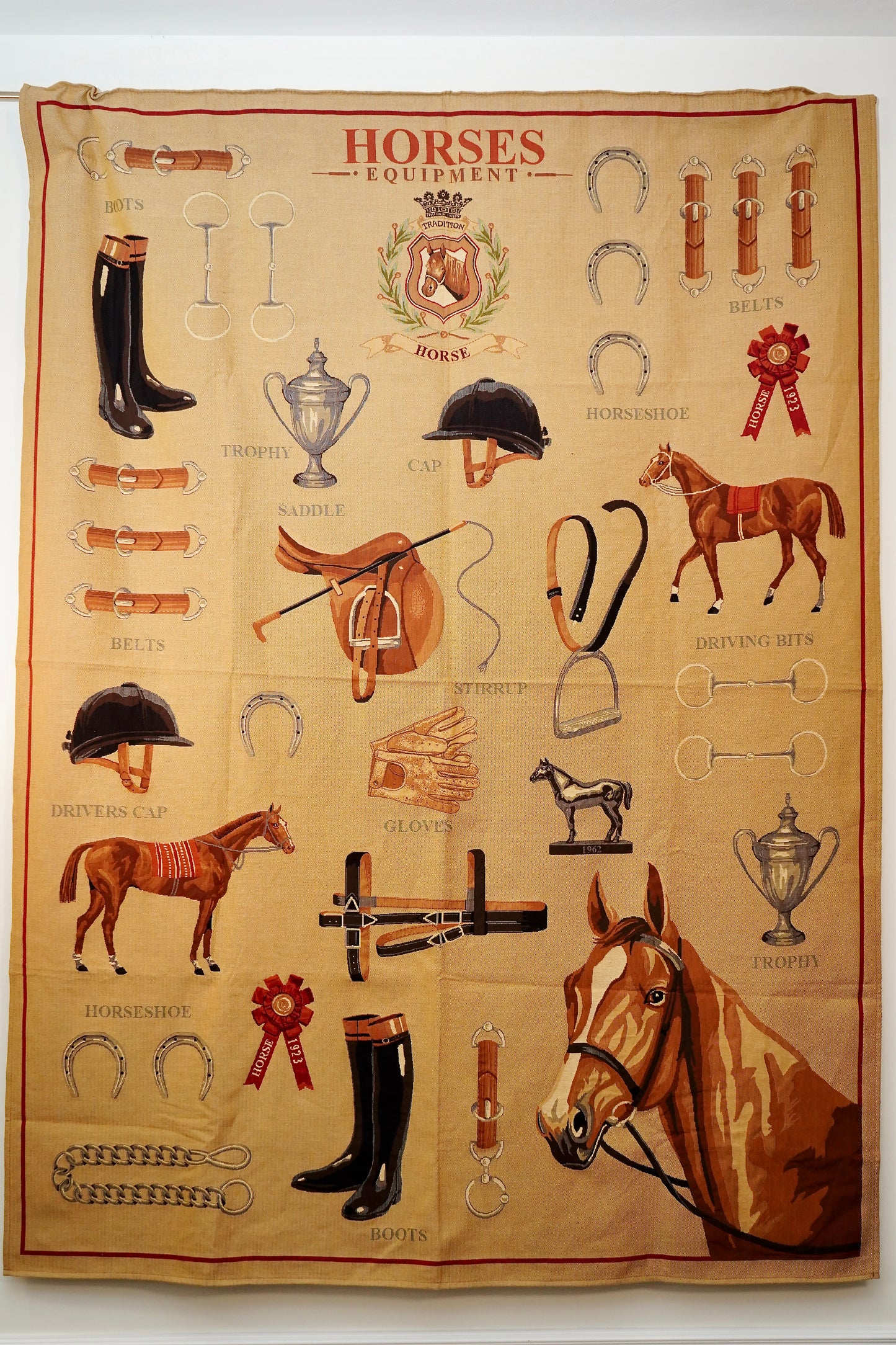 Large Equestrian Wall Tapestry – Horses Equipment Jacquard, European Made NEW