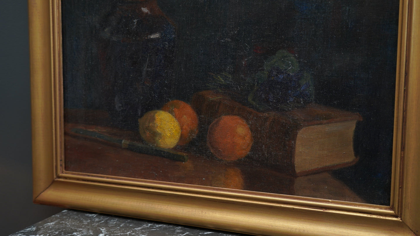 Antique 1905 Oil Painting Still Life with Fruit, Book & Earthenware Jar | Signed K.E.
