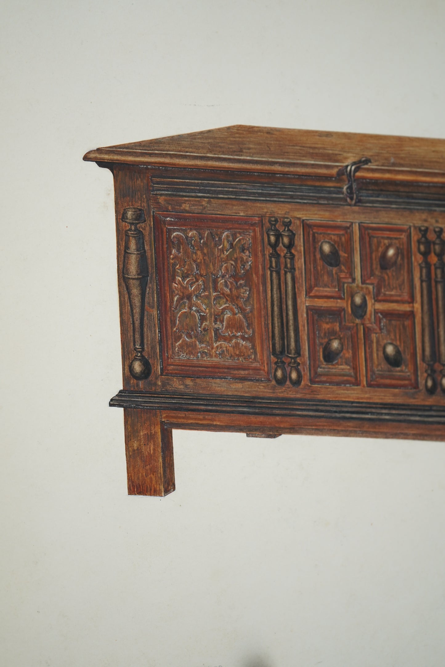 Antique Furniture Illustration – Colored Pencil Rendering of a Jacobean Oak Chest by Chas. Squires, c.