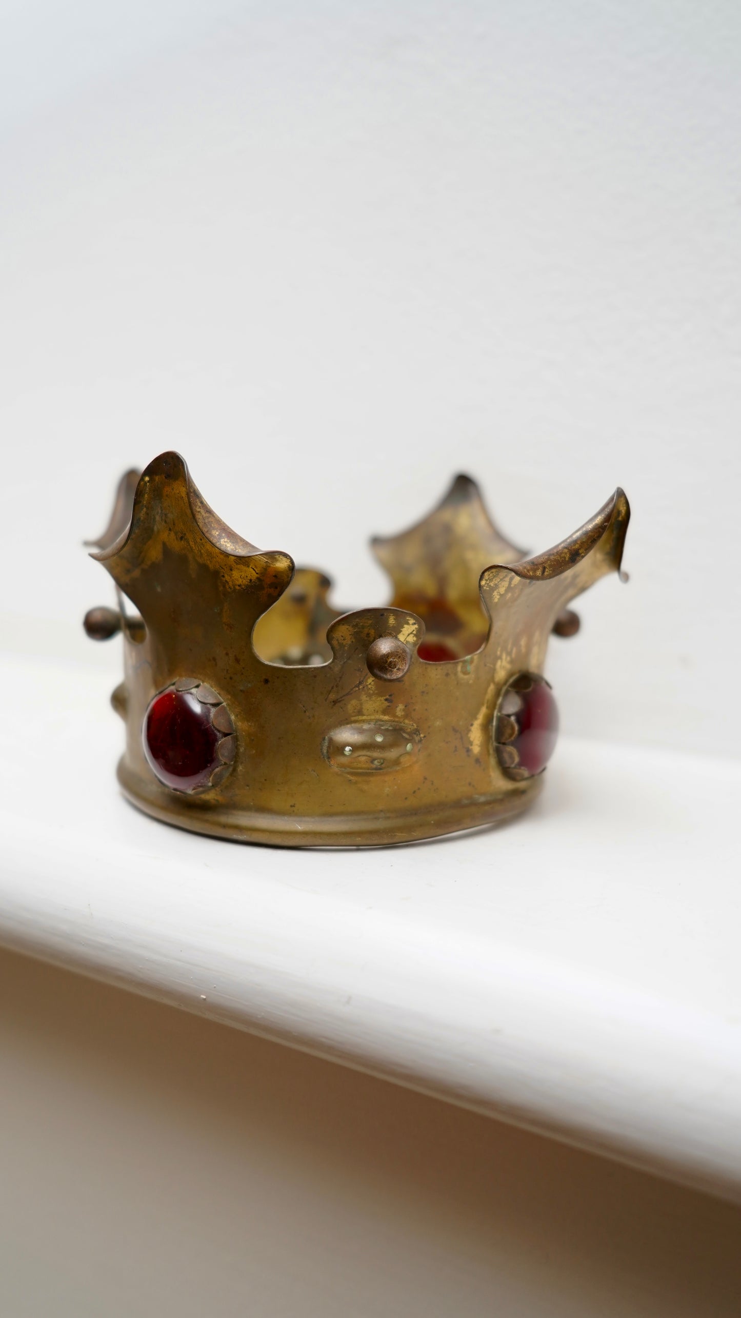 Antique Brass Crown Mount with Red Glass Jewels | Gothic Revival Altar Ornament c.1880–1920