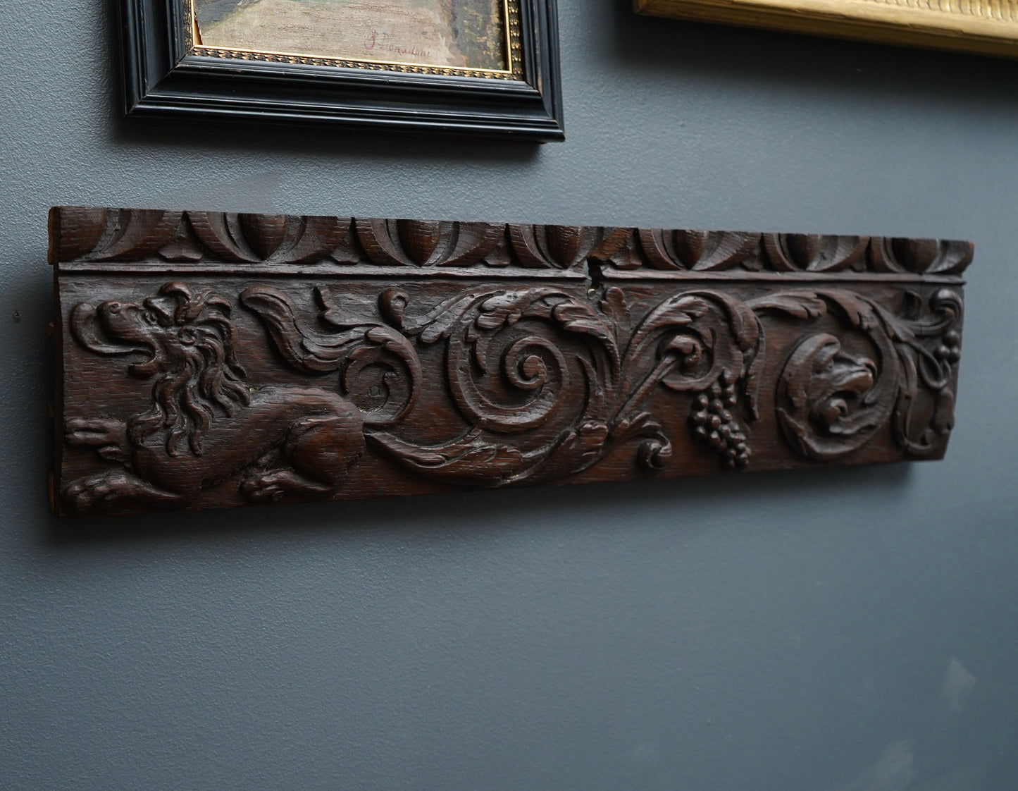 Antique Carved Oak Drawer Front | Renaissance Revival Lion, Grapevine & Acanthus | Architectural Salvage Wall Plaque c.1870–1900