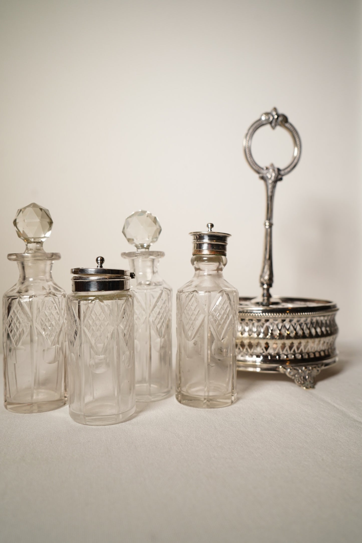 Antique Victorian Silver Plated Cruet Set with Four Cut Glass Bottles, English, c. 1880–1910