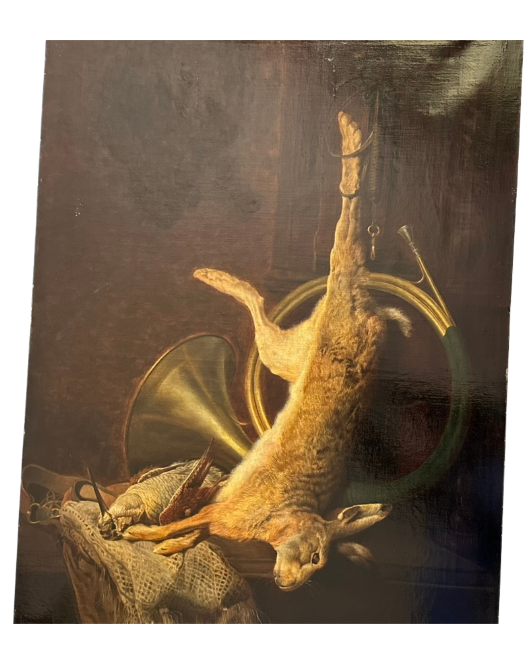 19th Century Game Hunt Rabbit Oil Painting, Large Unframed European Hunt Old Masters Oil Painting