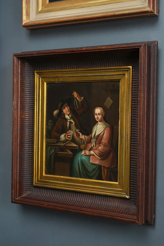Antique Dutch Tavern Scene Oil Painting on Tin | 19th Century Genre Artwork in Ornate Frame
