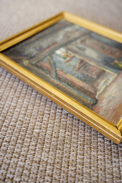 Vintage Flemish Interior Oil Painting, Cottage Doorway with Geranium