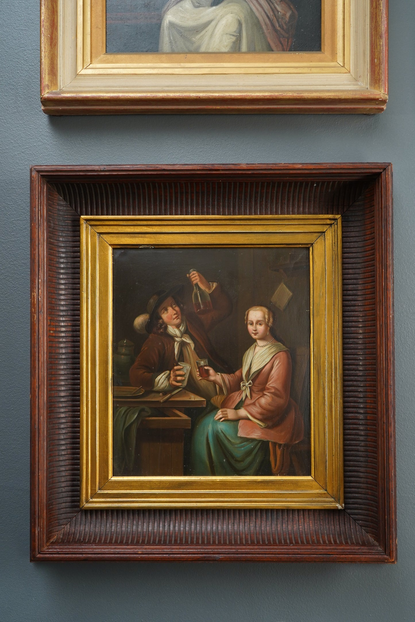 Antique Dutch Tavern Scene Oil Painting on Tin | 19th Century Genre Artwork in Ornate Frame