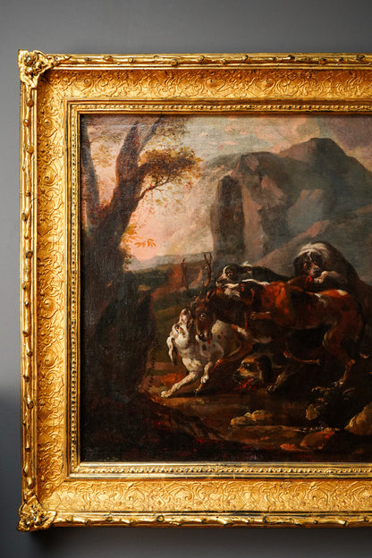 18th Century French Stag Hunt Oil Painting, Fontainebleau Tradition