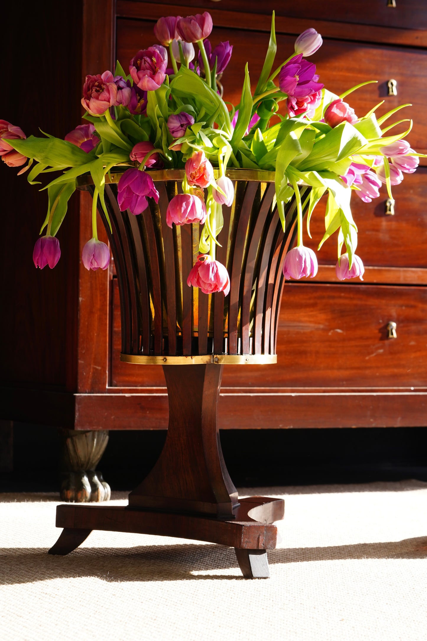 Antique Dutch Mahogany Jardinière, Slatted Urn Form with Brass Liner, Circa 1890